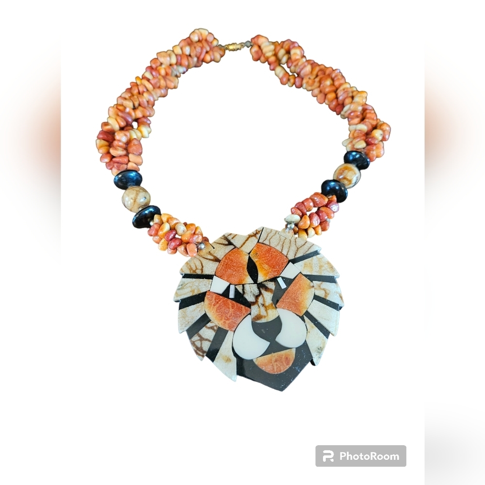 Handcrafted Orange Shell Mosaic Statement Necklace